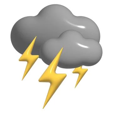 3D thunderstorm with lightning, grey cloud icon. 3d storm weather element iso Stock Illustration
