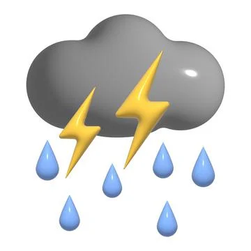 3D thunderstorm with rain, lightning, grey cloud icon. 3d storm weather eleme Stock Illustration
