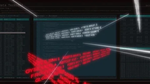 3D ticker bands sweeping dark terminal, camera panning while light streaks Stock Footage 331757548
