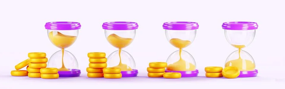 3d time is money, hourglass with stack of gold coin. Animation set of glass Stock-Illustration