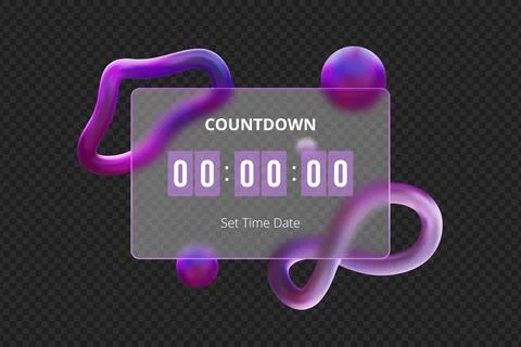 3D timer on a glass panel with volumetric, flowing purple shapes and morphism. Stock Illustration