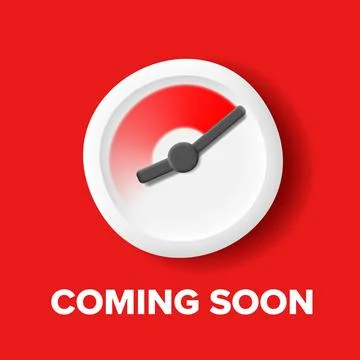 3d timer icon with coming soon text, white watch with red time running Stock Illustration