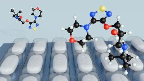 3D of Timolol molecular model and blister packs oval pills labeled "TIMOLOL" Stock Illustration