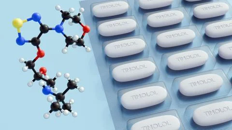 3D of Timolol molecular model and blister packs oval pills labeled "TIMOLOL" Stock Illustration