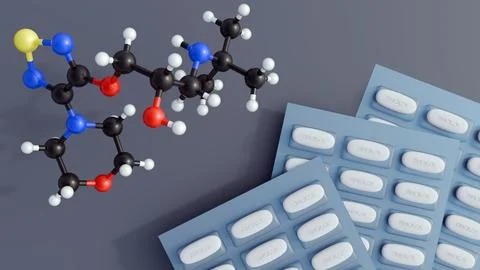 3D of Timolol molecular model and blister packs pills labeled "TIMOLOL" Stock Illustration