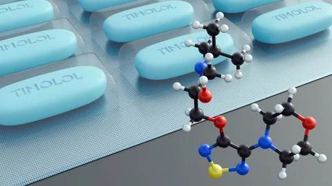 3D of Timolol molecular model and blister packs pills labeled "TIMOLOL" Stock Illustration