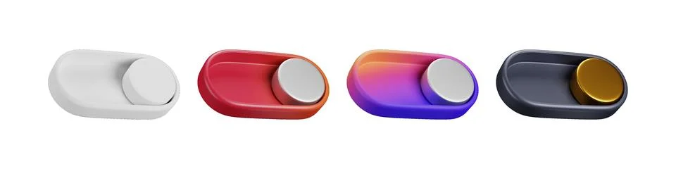 3D toggle assortment displaying high quality reflective switch controls, buttons Stock Illustration