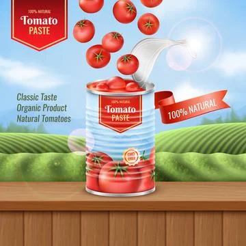 3d tomato can, green fields and blue sky countryside background, chicha. Fresh Stock Illustration