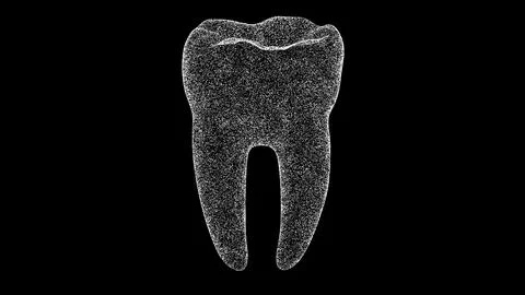 3D tooth on black bg. Object dissolved flickering particles. Scientific med.. Stock Illustration