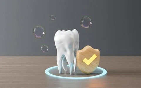3d tooth with Shield protect,. Cute dentist mascot. Oral health and dental .. Stock Illustration