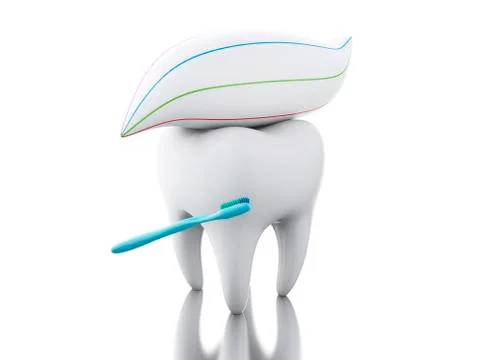 3D tooth with toothbrush and toothpaste. Stock Illustration