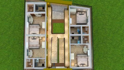 3D Top-Down Floor Plan of a Multi-Unit Residential Building ( Stock Illustration