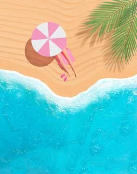 3D top view of a doll sunbathing on the beach against the sea - summer concept Stock Illustration