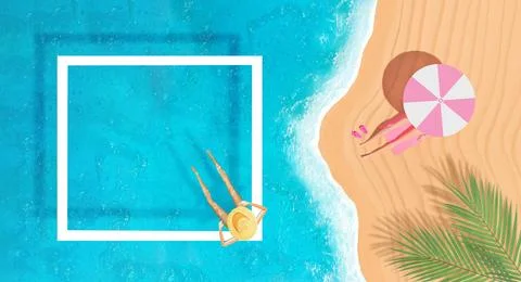 3D top view of dolls sunbathing on the beach and swimming in a sea - summer conc Illustrazione stock