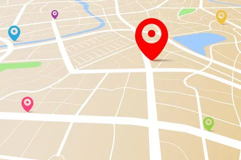 3D top view of a map with destination location point 012 Stock Illustration
