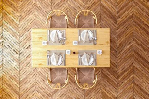 3d top view render of dinner table and chairs setup Illustrazione stock