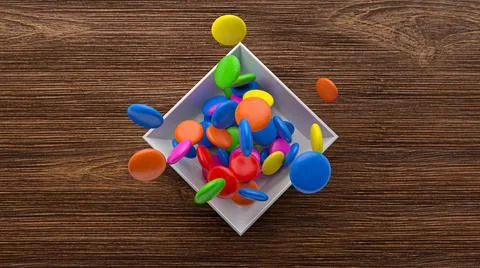 3D top view render of rainbow candy falling into a white porcelain bowl on a Stock Illustration