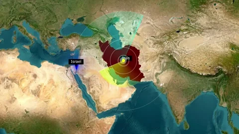 3D Topographic Map of Middle East with Iranian Military Range Overlay Stock Footage 332601778