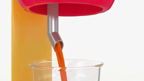 3D Toy Juice Machine Pouring Orange Drink with Straw and Text Word Vídeos de archivo 335136632