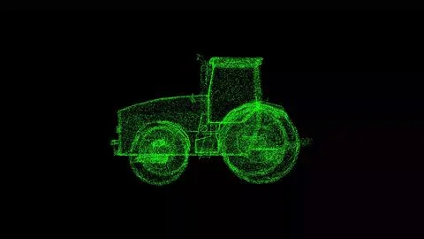 3D tractor on black bg. Object dissolved green flickering particles. Business Ilustração Stock
