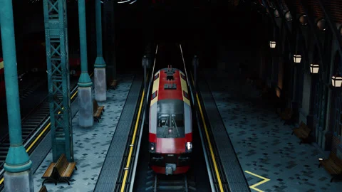 A 3d train station seen from above. a train at the platform in the station Stock Footage 279782197