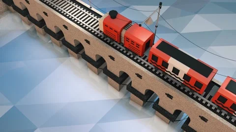 3d train. Traffic on the bridge, on the railroad over the sea. full HD. Low poly Stock Footage 138024140