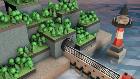 3d train. Traffic on the bridge, on the railroad over the sea. full HD. Low poly Stock Footage 138024209