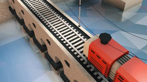3d train. Traffic on the bridge, on the railroad over the sea. full HD. Low poly Stock Footage 138024268
