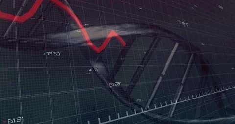 3D translucent DNA double helix winding across grid showing numeric labels and Video stock 309067825