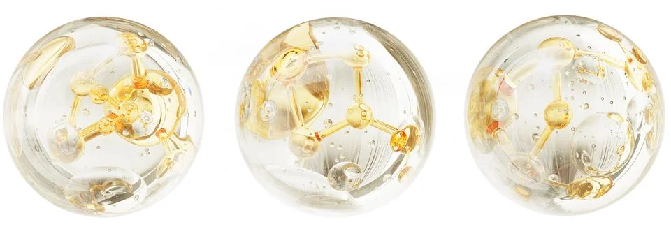 3D transparent bubbles set with gold molecule inside for skin care ads. Clear Stock Illustration