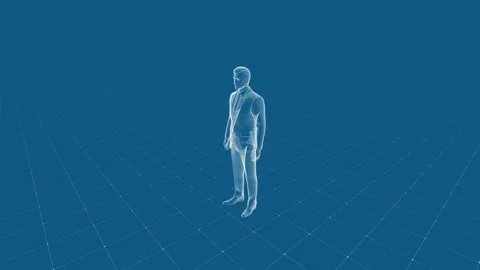 3D Transparent Businessman Model on Blue Grid Background Visualization Stock Footage 341905470