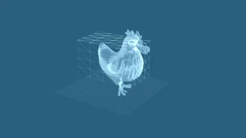 3D Transparent Chicken Model with Wireframe Style Background on Blue Grid 库存影片 343864094