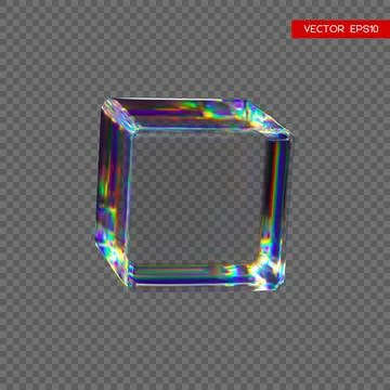 3d transparent glossy cube with dispersion effect. Rainbow colors reflectio.. Illustrazione stock