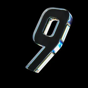 3d Transparent glossy number 9 with dispersion effect. Rainbow colors reflection Illustrazione stock