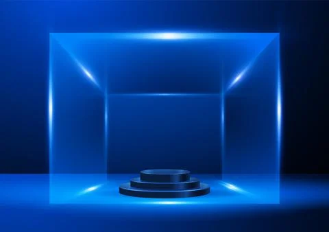 3d transparent glowing cube with podium inside, studio in blue neon color. イラスト素材