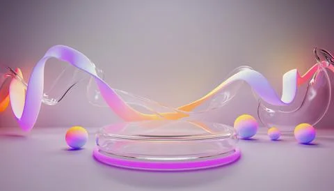 3D transparent podium with flowing liquid glass ribbons, neon light holographic Stock Illustration