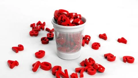 3D trash bin full of red numbers, conceptual design Illustrazione stock