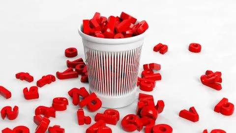 3D trash bin full of red letters, conceptual design Illustrazione stock