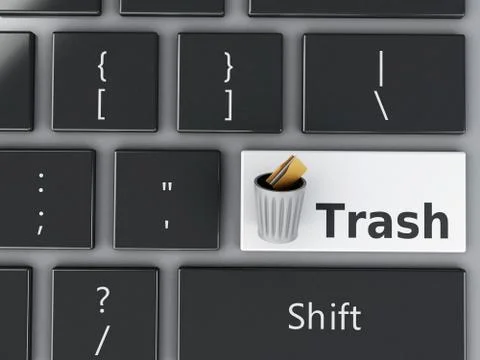 3d Trash can with folders on the computer keyboard. Illustrazione stock