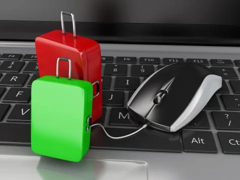 3d Travel suitcase and computer mouse on computer keyboard. Illustrazione stock