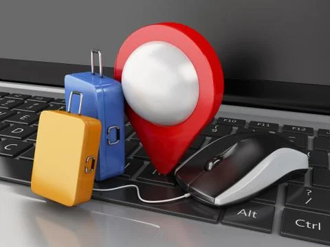 3d Travel suitcase and computer mouse on computer keyboard. Illustrazione stock