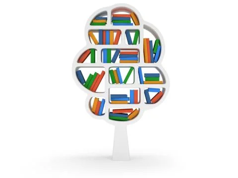 3d Tree of knowledge. Bookshelf on white. Illustrazione stock