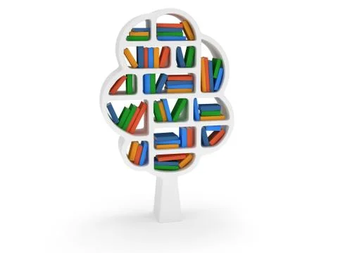 3d Tree of knowledge. Bookshelf on white. Stock Illustration