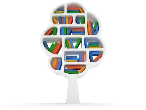 3d Tree of knowledge. Bookshelf on white. Illustrazione stock