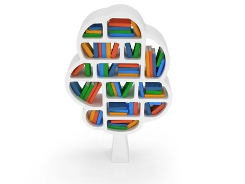 3d Tree of knowledge. Bookshelf on white. Illustrazione stock