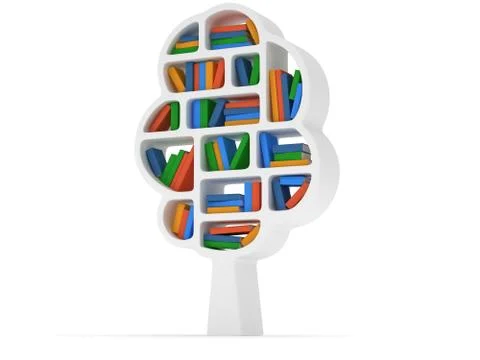 3d Tree of knowledge. Bookshelf on white. Stock Illustration