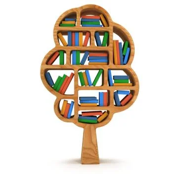 3d Tree of knowledge. Bookshelf on white. Illustrazione stock