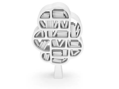 3d Tree of knowledge. Bookshelf on white. Illustrazione stock