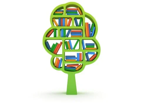 3d Tree of knowledge. Bookshelf on white. Stock Illustration