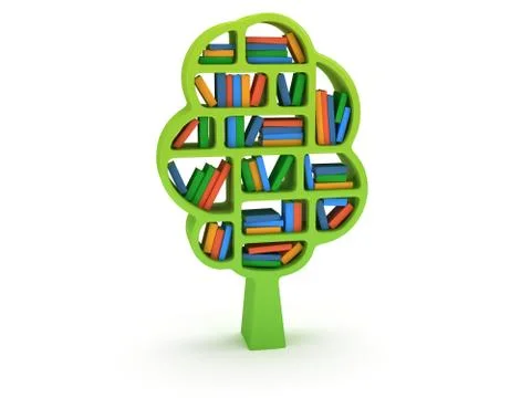 3d Tree of knowledge. Bookshelf on white. Illustrazione stock